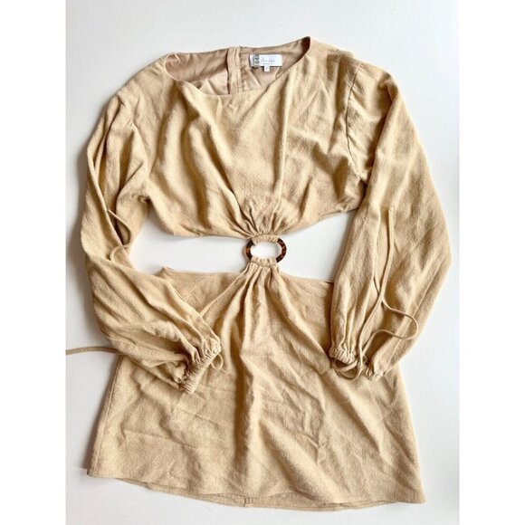 L'ACADEMIE Alora Tan Linen Blend Cut Out w/ Buckle Mini Dress, Size L - Picture 4 of 11
